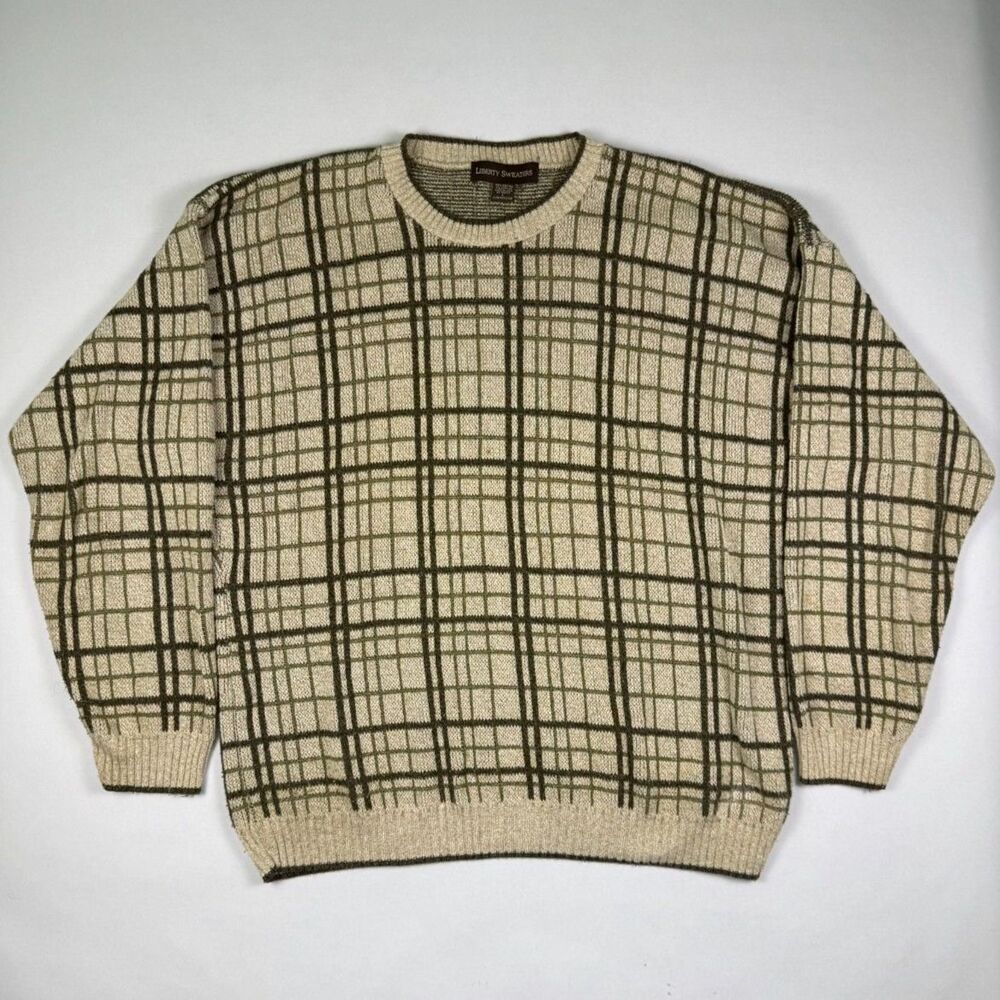 Vintage Liberty Sweaters Plaid Knit Sweater Green Cream Grandpa Style USA L